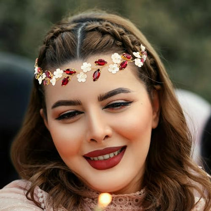 Bridal Crystal Flower Headband Wedding Rhinestone Pearl Floral Hair Vine Headpiece Accessories for Women Girls (Wine Red Crystal Gold Vine) - color: Wine Red Crystal Gold Vine