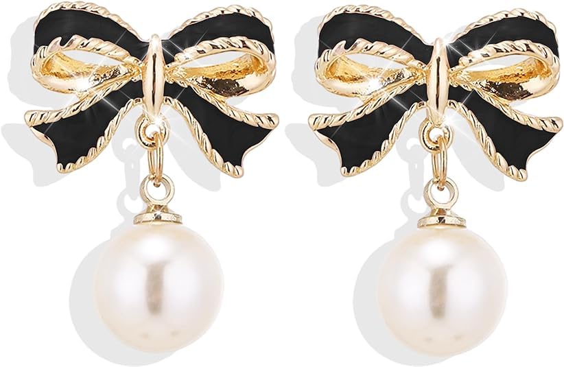 Gold Bow Earrings for Women, Long Tassel Chain Drop Earrings, Trendy Small Bow Earrings, Ribbon Waterfall Dangling Earrings, Pearl Bow Earrings, Sparkly Elegant Bowknot Preppy Jewelry Gifts for Women - color: Black Bow