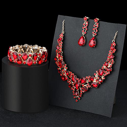 Rhinestone Bridal Jewelry Sets for Women Crystal Necklace Earrings Bracelet Set Silver-Tone Wedding Bridal Bridesmaid Gifts fit with Wedding Dress - color: B:3pcs-Red Tone Necklace + Earrings + Bracelet set