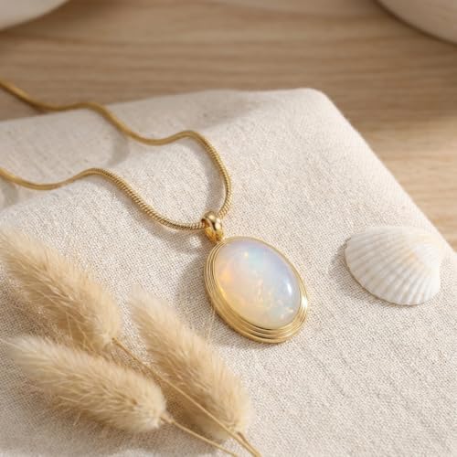 Sonateomber Gold Stone Pendant Necklace for Women, Chunky Statement Dainty Heart Oval Natural Gemstone Dangle Necklaces Wedding Prom Accessories Fashion Jewelry Gift - color: White Moonstone