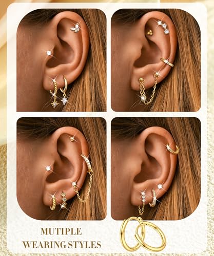 3 Pairs Dangle Hoop Chain Earrings Stacks for Women Trendy Huggie Earring | Non-Tarnish 5A CZ Stones Hoops Earrings Set for Multiple Piercing - style: 14K Gold Plated-Dangle Star Set