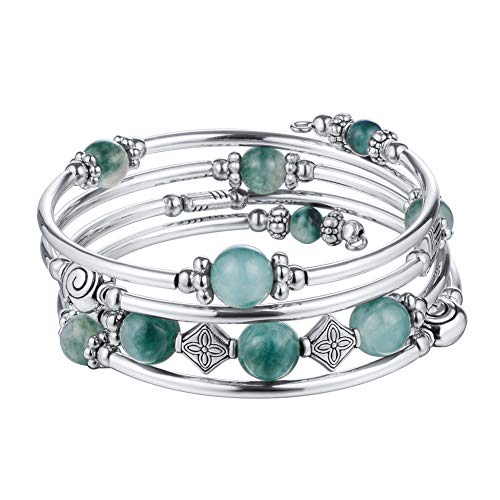 Beaded Pearl Bangle Wrap Bracelet - Fashion Bohemian Jewelry Multilayer Charm Bracelet with Thick Silver Metal Beads, Gift For Women - color: Jade Green