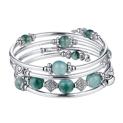 Beaded Pearl Bangle Wrap Bracelet - Fashion Bohemian Jewelry Multilayer Charm Bracelet with Thick Silver Metal Beads, Gift For Women - color: Jade Green