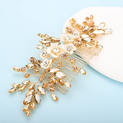 Bridal White Flower Champagne Gold Crystal Rhinestone Hair Comb for Bride Bridesmaid Sliding side Headpieces Wedding Hair Accessories for Women and Girls (Champagne gold) - color: Champagne gold