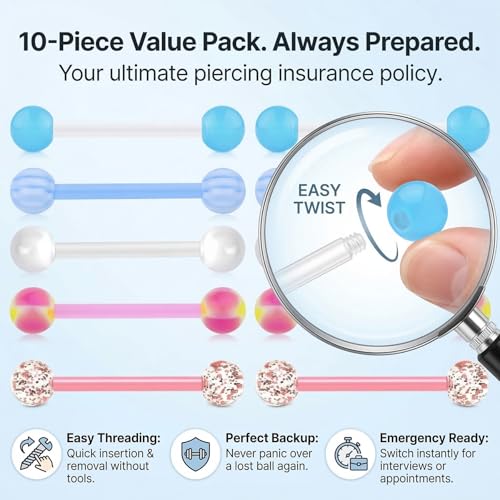 Zolure 10Pcs 14G Tongue Rings Acrylic Candy Color Tongue Piercing Jewelry Flexible Plastic Nipple Rings Tongue Barbells for Women 16mm - color: Pink+Blue 10pcs