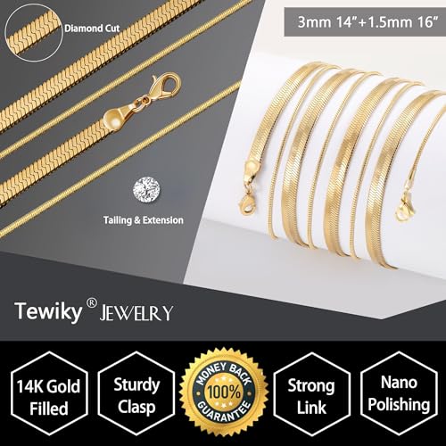 Tewiky Layered Necklaces for Women 14k Gold Plated Chain Necklace Set | Chunky Herringbone/Snake/Rope/Box/Cuban Link Chain for Women, Layering Stack Choker Necklace, Dainty Jewelry Set Non Tarnish - color: Layered Herringbone Gold