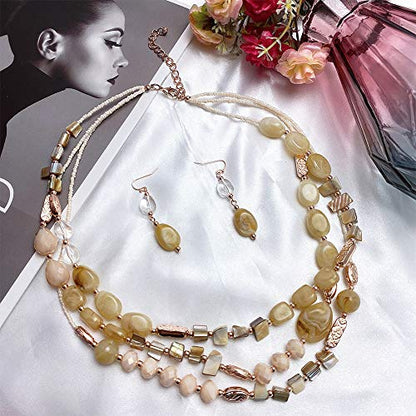 Coiris 3 Multi Layer Shell Glass Beaded Fashion Necklace for Women 21" - color: N0001-beige