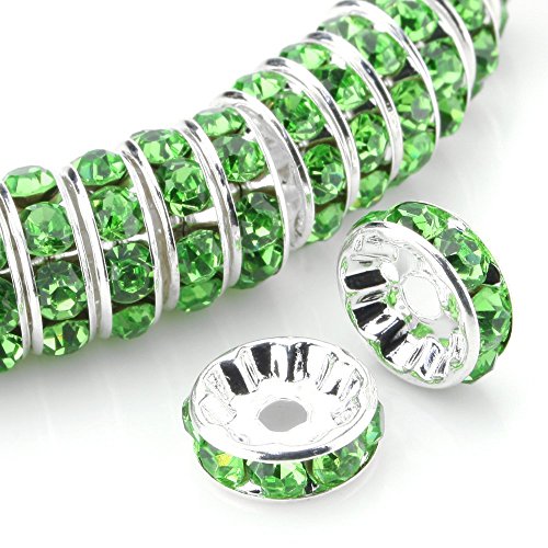 Allb 100Pcs Rondelle Spacer Beads 10mm Silver Plated Czech Crystal Rhinestone for Jewelry Making Loose Beads for Bracelets, green - color: green, size: 10mm