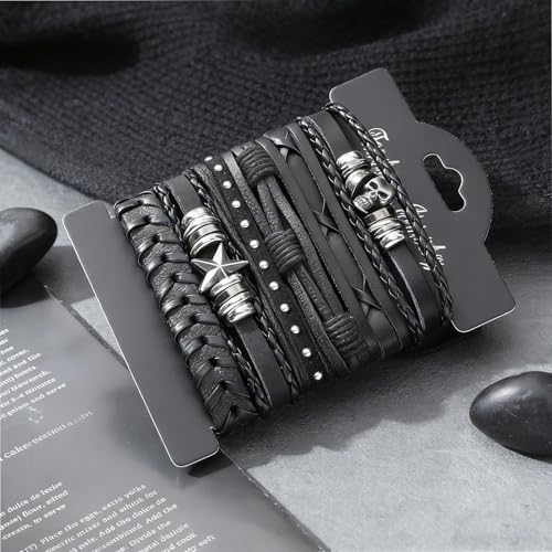 MILAKOO 6Pcs Punk Leather Bracelets for Women Men Braided PU Wristband Skull Skeleton Accessories - color: G: Black