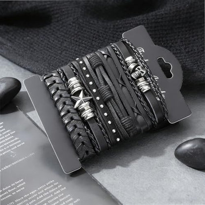 MILAKOO 6Pcs Punk Leather Bracelets for Women Men Braided PU Wristband Skull Skeleton Accessories - color: G: Black
