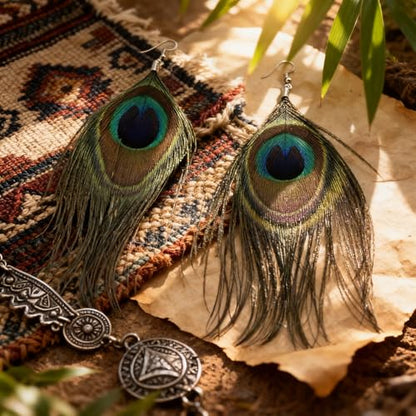 Feather Earrings for Women, Sterling Silver Hook Boho Style Peacock Long Feather Jewelry - color: Peacock Feather-3