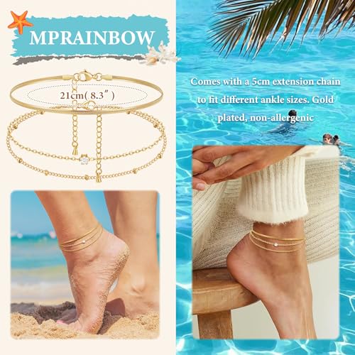 MPRAINBOW Waterproof Gold Anklets for Women - 14k Gold Plated Ankle Bracelets,Summer Beach Surf Foot Chain Multilayered Stacked Bracelet Anklet Set,Layered Trendy Jewelry for Girlfriend - color: Gold Herringbone Chain