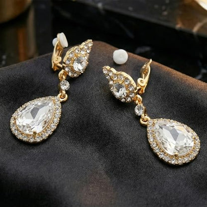 Mariell Black Crystal Teardrop Dangle Earrings, Jewlery for Brides, Bridesmaids, Prom and Wedding Parties - color: Gold Clip On