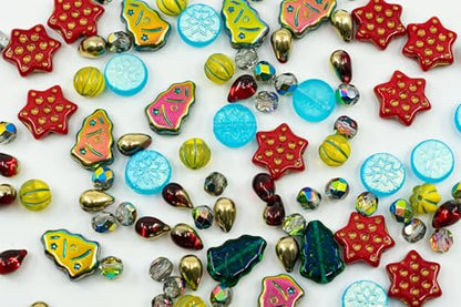 2.1oz (60g) of Christmas Czech Glass Bead Mix 2024 with Trees, Melons, Snowflakes and Faceted Beads, Dark Green Yellow Xmas - color: Christmas Mix 2024