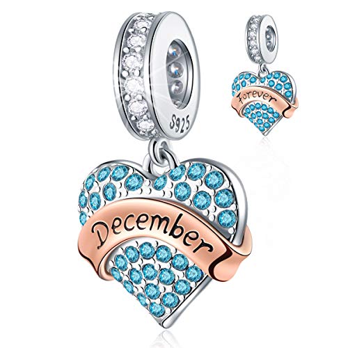 EMOSTAR Jan-Dec Birthstone Charms fits European Birthday Bracelet, Dangle 925 Sterling Silver Heart Shaped Pendant with 12 Months Birthstones, Gifts for Mom/Women - color: December Birthstone