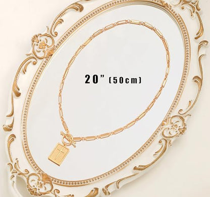 Aobei Pearl 18K Gold Plated Moon Star Lion Evil Eye Love Heart Cross Pendant Necklace Medallion Paperclip Chian Choker Layering Jewery for Women - color: Golden Rectangle Cross Necklace