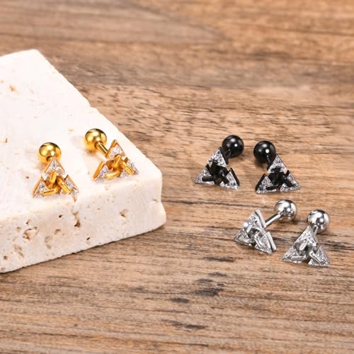 Unisex Geometric Triangle Stud Earrings, Stainless Steel Minimalist Cubic Zirconia Pierced Post Earrings for Men Women - style: Three Zircons-Black&Sliver
