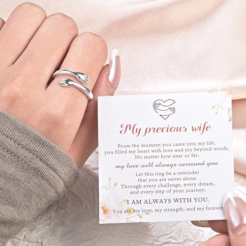 Sterling Silver Hug Ring for Women Teen Girls Adjustable Love Promise Ring Inspirational Open Rings Mothers Day Birthday Gift for Daughter Granddaughter Mom Wife Best Friend - color: Silver / Wife Gift (Always with you)