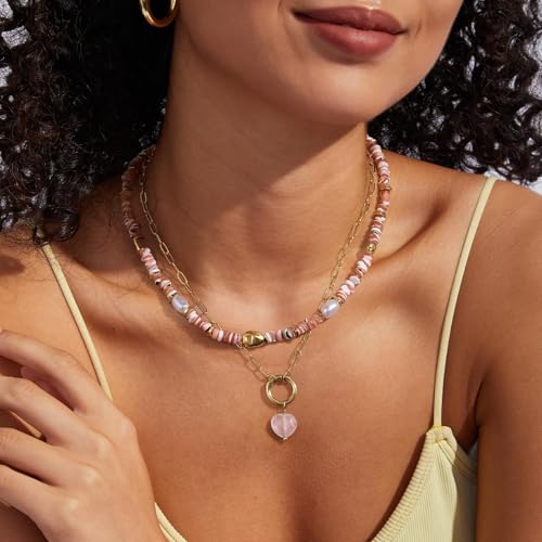 KissYan Beaded Necklaces for Women, Layered Pendant Choker for Summer | Stackable Colorful Natural Gemstone Handmade Beach Charm Chain Valentine's Jewelry Gifts For Girlfriend Wife Lover - style: Pink Heart