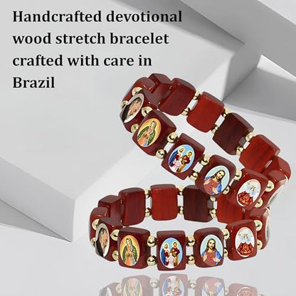 Catholica Shop Devotional Catholic Religious Wood Stretch Bracelets. Small and Large Panels with Assorted Images of Saints, Jesus and Mary. Unisex. Handcrafted in Brazil - style: Small Panel Gold Tone