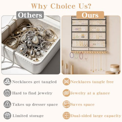 Hanging Jewelry Organizer 4-Tier Wall Earring Holder for Necklaces, Rings | Natural wood & solid metal wall jewelry rack , Dual earring grid slots & bottom hooks store earrings, bracelets