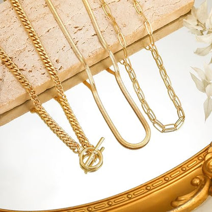 CHESKY 14K Gold Plated Layered Chain Necklace for Women | Trendy Cuban Link Chain, Chunky Paperclip Chain, Toggle Clasp Necklace, Fashion Gold Jewelry, Daily Gift for Women - style: chain3-gd