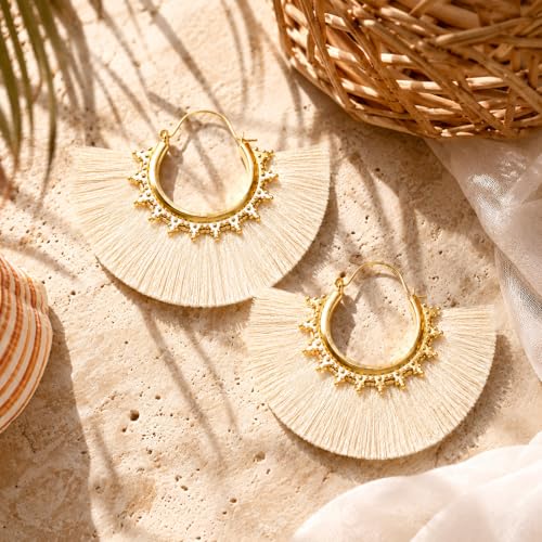 Tassel Hoop Earring Statement Thread Dangle Earrings Stylish Long Fringe Drop Earrings Lightweight Long Swingy French Hook Earrings for Women - color: B White