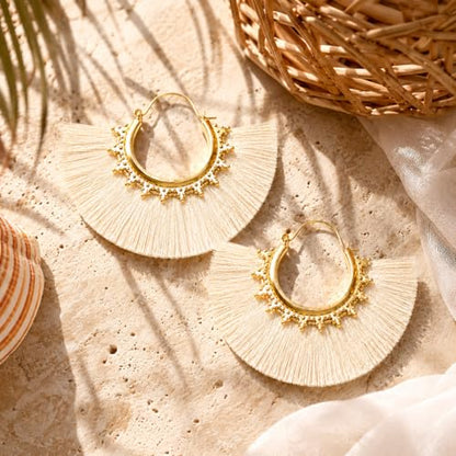 Tassel Hoop Earring Statement Thread Dangle Earrings Stylish Long Fringe Drop Earrings Lightweight Long Swingy French Hook Earrings for Women - color: B White