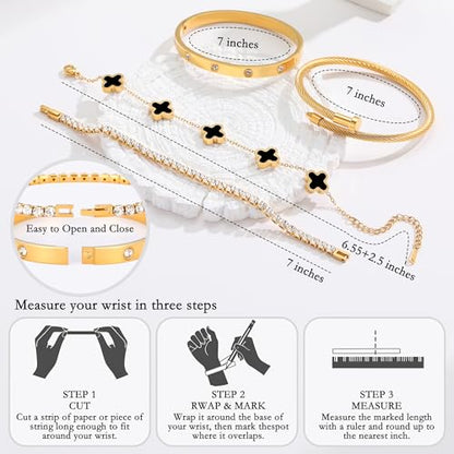 18K Gold Plated Bangle Bracelets Stack for Women,Four Leaf Clover Stackable Bracelets Non Tarnish,4 Pcs Jewelry sets Gifts - color: Black