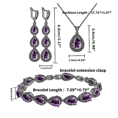 LMXXVJ Necklace Long Earrings Bracelet Set, White Gold Plated Created Blue Sapphire Jewelry Set Wedding Party Gift Jewelry for Women Bridal Bridesmaid - color: Black Gun-Purple
