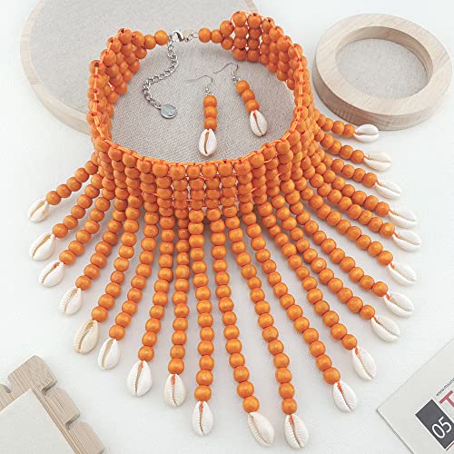 Coiris Boho African Wooden or Acrylic Beaded Bib Statement Necklace Strands Layered Cluster Chunky Collar Choker Wood Necklace for Women Fashion Costume Jewelry - color: N0065-Orange+Shell