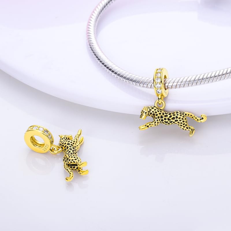 Charm for Bracelets and Necklaces Heart Cat Flower Boy 925 Sterling Silver Bead Birthday Jewelry Gift for Women - color: Gold Leopard Charm