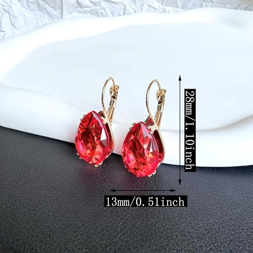 14K Gold Teardrop Crystal Leverback Earrings Sparkly Rhinestone Water Droplet Dangle Drop Earrings For Women - color: Bright Red