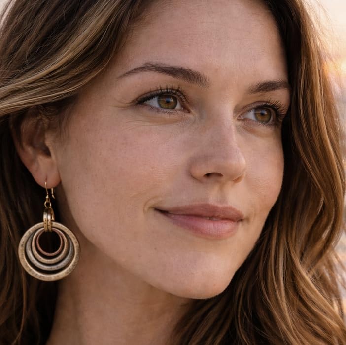Handmade Sunrise Earrings – Cape Cod USA Award-Winning Artist Judith Stiles – Lightweight Mixed Metal Dangle Earrings – Hammered Brass, Copper & Silver Tone Circles – Coastal Beach Jewelry, Bohemian Style with a Yoga Heart – A Great Gift for Women