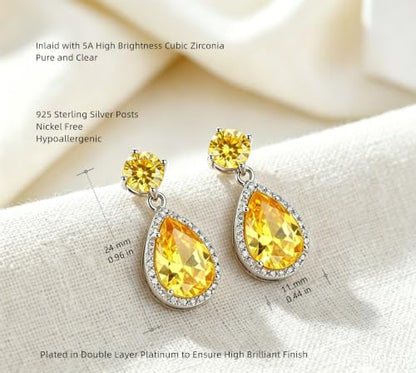 Drop Dangle Earrings Teardrop Gemstone Waterdrop White Gold Plated Crystal Hanging Cubic Zirconia Ruby Sapphire Emerald Jewelry Gift for Women Mother Wife - color: Yellow