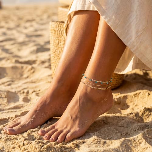 Gold Anklets for Women 14K Gold Plated Tiny Bead Anklet Colorful Tassel Foot Chain Dainty Adjustable Cute Summer Beach Boho Anklets Jewelry Gift - color: turquoise beaded