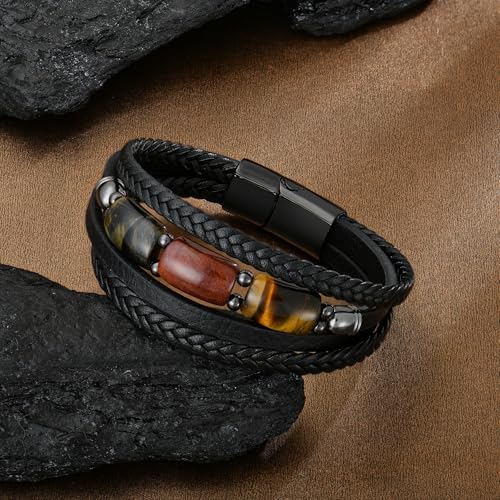 Mens Tiger Eye Leather Bracelet, Natural Tiger Eye Stone Multi-Layer Braided Cuff Bracelets for Men, Stainless Steel with Buckle Memorial Bangle Gifts for Him - color: Black1