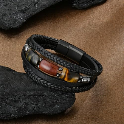 Mens Tiger Eye Leather Bracelet, Natural Tiger Eye Stone Multi-Layer Braided Cuff Bracelets for Men, Stainless Steel with Buckle Memorial Bangle Gifts for Him - color: Black1