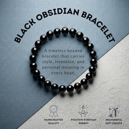 Cherry Tree Collection Tigers Eye Bracelets Plus Over 40 Other Stones – Gemstone Beads for Men & Women, Promotes Protection, Courage, Focus, Balance & Luck – Available in S, M, L with 8mm Round Beads - color: Black Obsidian, size: Small