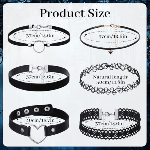 6 Pcs Choker Necklace for Women, Black Gothic Emo Choker Necklace for Women, Leather Stretchy Lace Chokers, Punk Emo Gothic Jewelry, Perfect for Daily Wear, Black