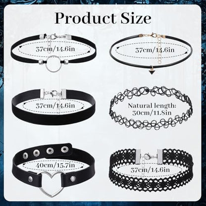 6 Pcs Choker Necklace for Women, Black Gothic Emo Choker Necklace for Women, Leather Stretchy Lace Chokers, Punk Emo Gothic Jewelry, Perfect for Daily Wear, Black
