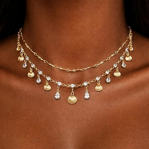 Layered Shell Necklace for Women Gold Seashell Charm Necklace with Crystal Style Drops Tropical Beach Vacation Jewelry Summer Outfit Accessories for Dresses Swimsuits Cruises and Gifts - color: A2:shell necklace