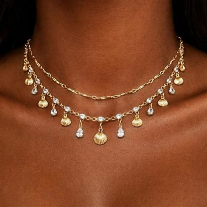 Layered Shell Necklace for Women Gold Seashell Charm Necklace with Crystal Style Drops Tropical Beach Vacation Jewelry Summer Outfit Accessories for Dresses Swimsuits Cruises and Gifts - color: A2:shell necklace