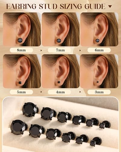ORAZIO 6Pairs Hypoallergenic Flat Back Earrings 316L Stainless Steel Studs for Sensitive Ears, 3-8mm Cubic Zirconia, Stylish Jewelry for Women Men - Silver - color: Black Plated