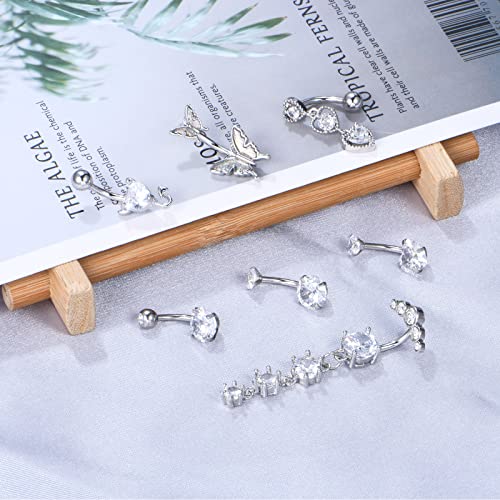 Anicina Belly Button Rings 14G Diamond CZ Belly Rings Surgical Stainless Steel Navel Rings Butterfly Heart Devil Belly Button Piercing Jewelry for Women - color: SetA-silver05