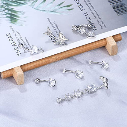 Anicina Belly Button Rings 14G Diamond CZ Belly Rings Surgical Stainless Steel Navel Rings Butterfly Heart Devil Belly Button Piercing Jewelry for Women - color: SetA-silver05