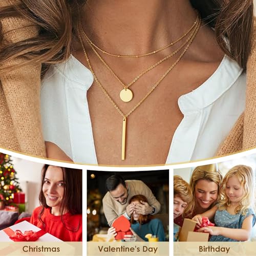 Necklace for Women with Circle and Bar Pendants Layered Jewelry Versatile Design - color: golden
