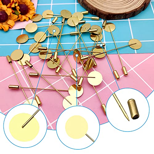 60Pcs Flat Round Tray Lapel Pin for Craft,Gold Safety Stick Pins Stainless Steel Brooch Pin Needle Suit Tie Hat pin Scarf Badge for DIY Costume Jewelry Making Accessories - color: Gold