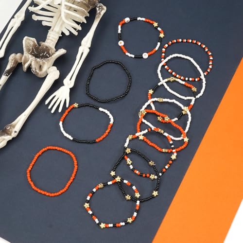 Ardorchid Halloween Bracelets for Women Pumpkin Ghost Steleton Bat Skull Beaded Stackable Stretchy Bracelet Rugby Thanksgiving Christmas Heishi Bracelets - color: Halloween Bracelet -7
