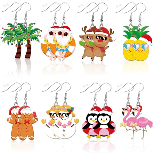 8 Pairs Summer July Christmas Acrylic Earring for Women | Pineapple Tree Santa Claus Earrings, Christmas in Summer Jewelry Gifts Party Accessories, Lightweight Acrylic, Double Side - style: july Christmas
